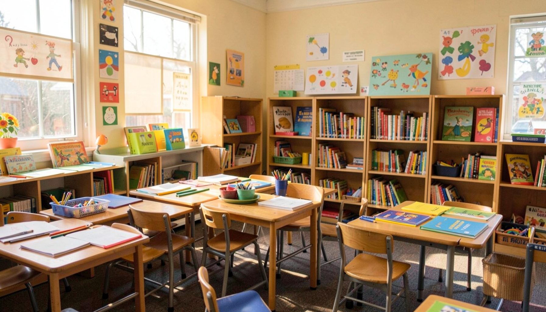 Bright classroom setting with colorful educational materials, bookshelves, and warm afternoon light in a community learning space.