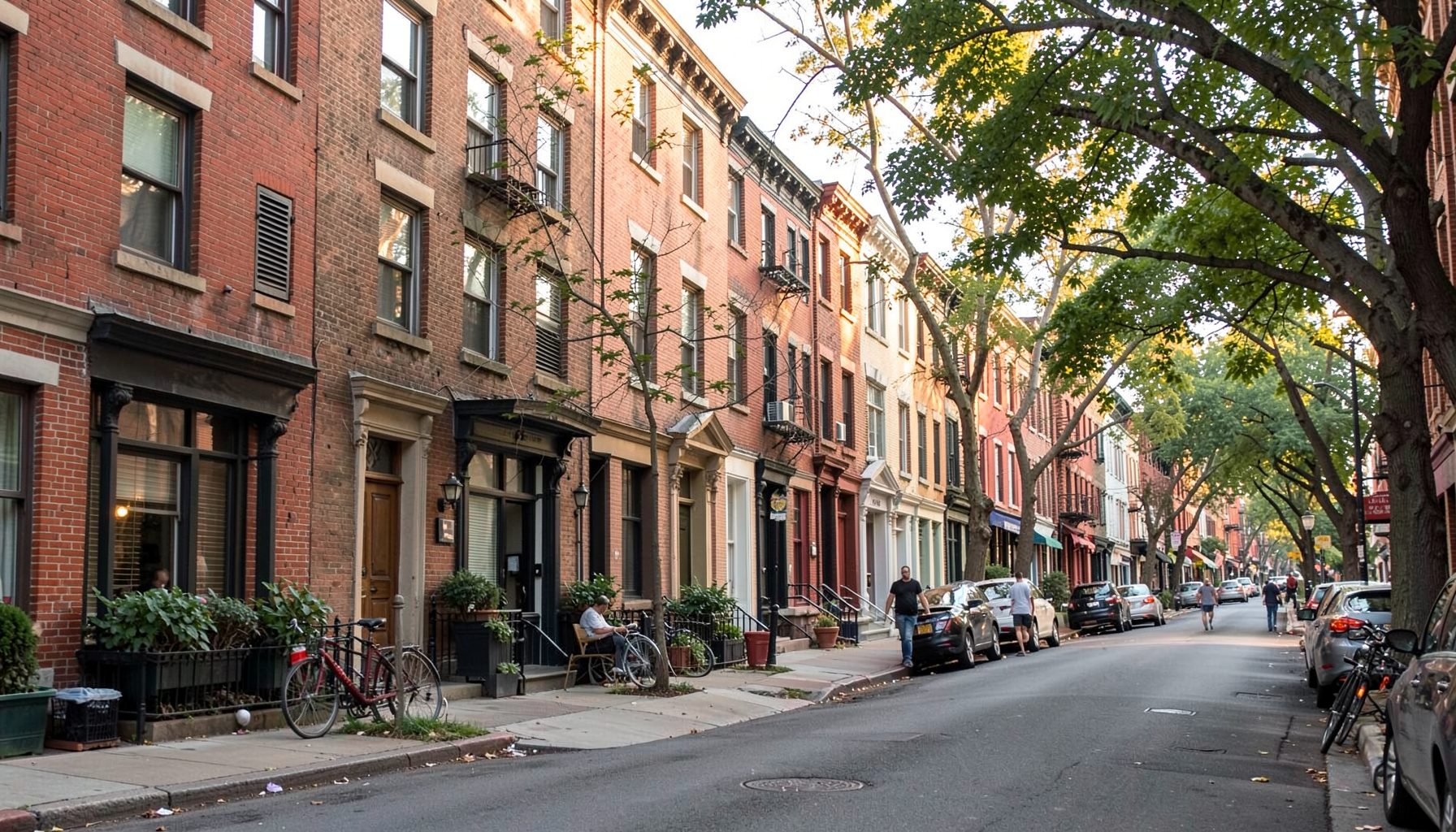 Street-level view of a tree-lined East Harlem neighborhood with brick buildings and a community feel, warm afternoon light