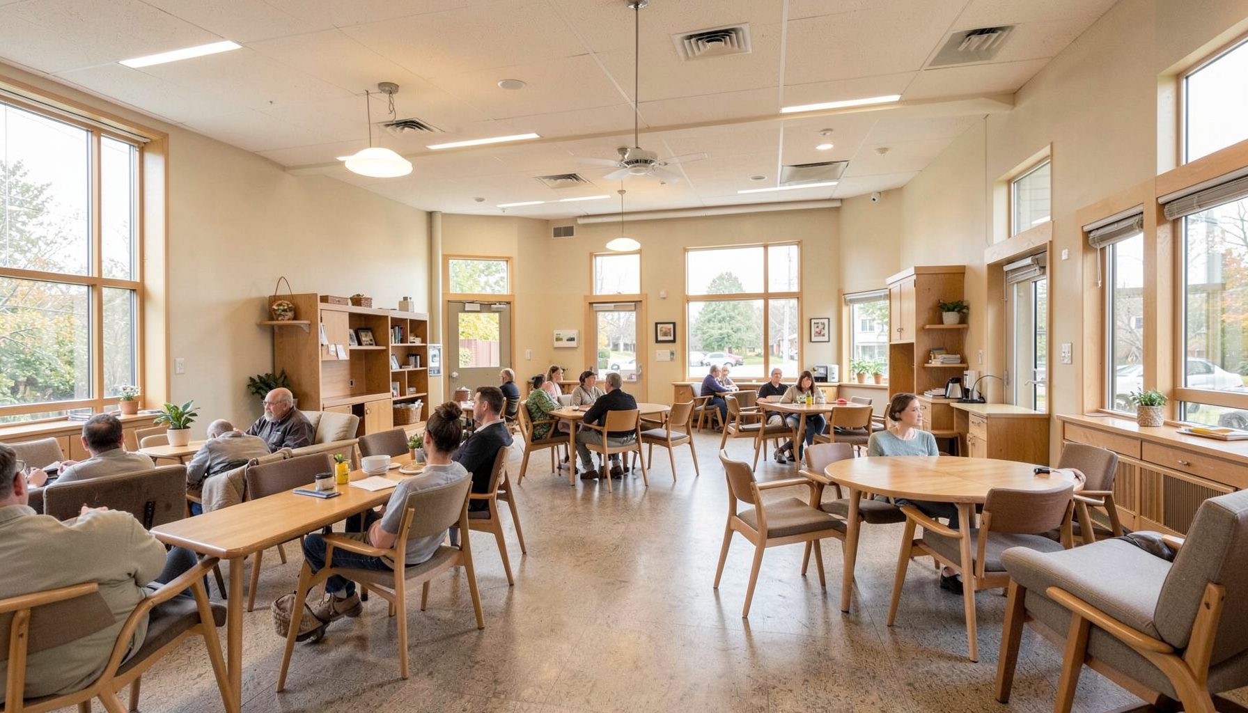 Warm interior of a community center with open gathering space, natural light, and welcoming atmosphere in neutral and wood tones
