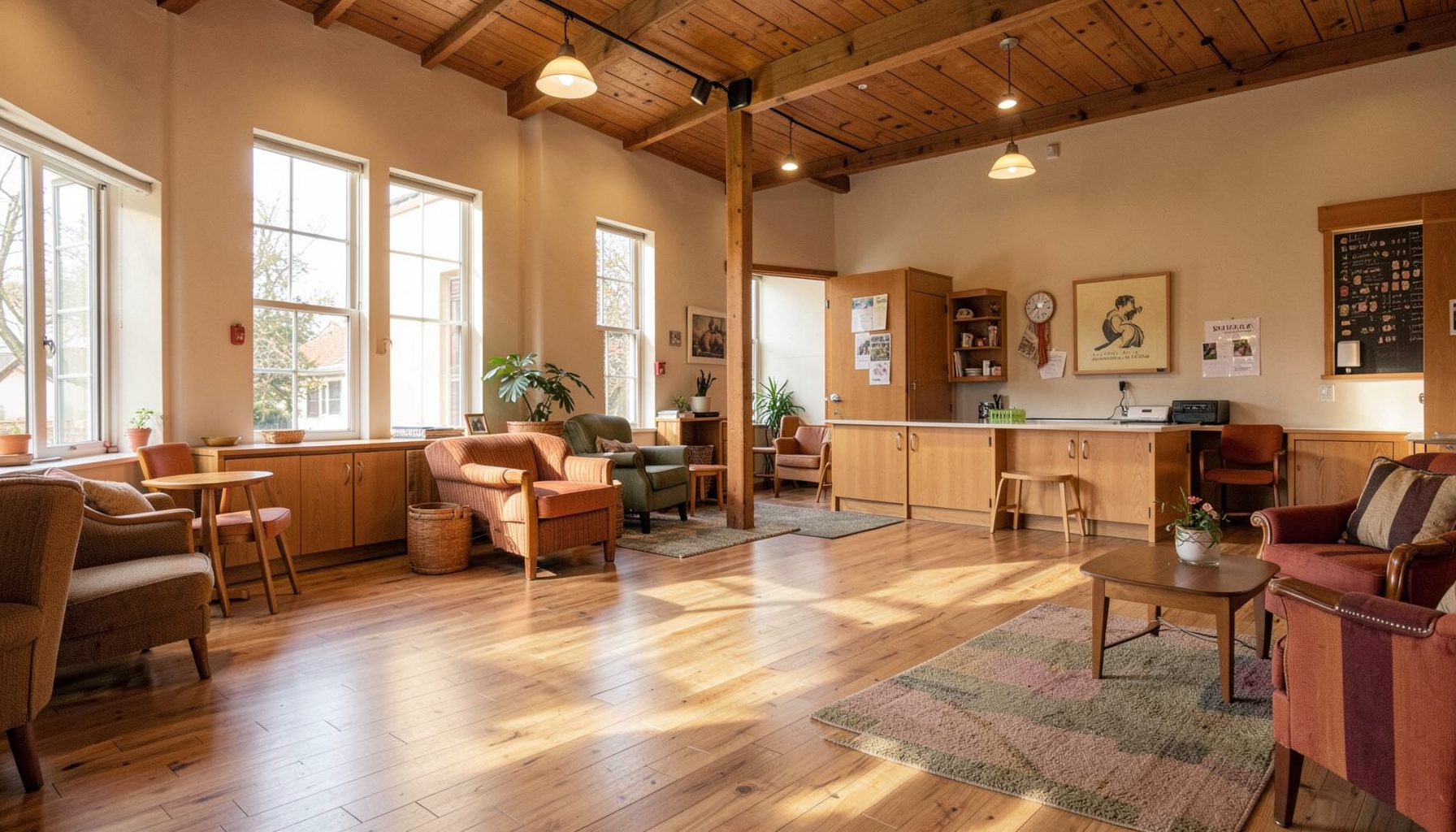 Warm interior of a community center with soft natural light, wooden floors, and an inviting open space in earth tones.